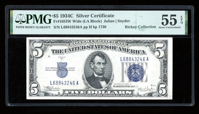 DBR $5 1934-C Silver Fr. 1653W LA Block Wide Face PMG 55 EPQ Serial L68843246A