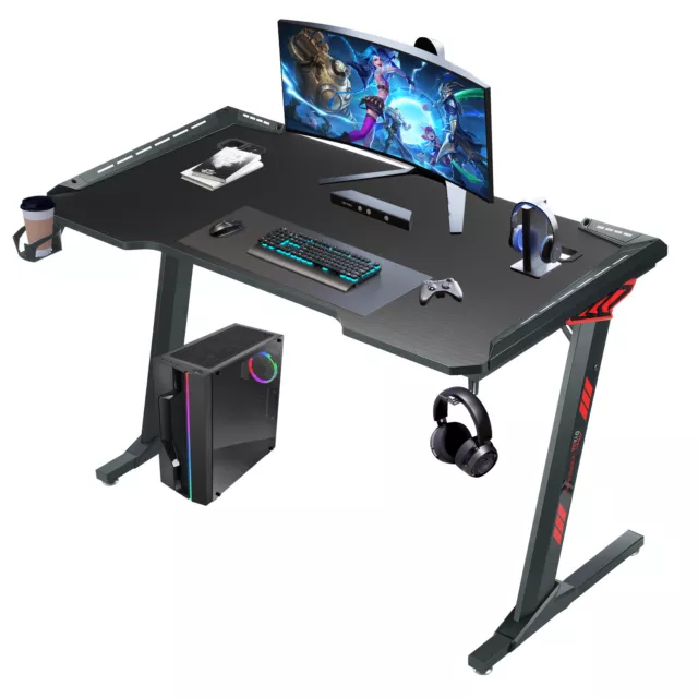 LED Gaming Desk Computer Table Workstations w/ Headphone Hook & Cup Holder