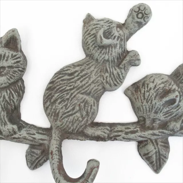 Cast iron cat wall hook 4 kittens on branch tails hanger keys coats 3