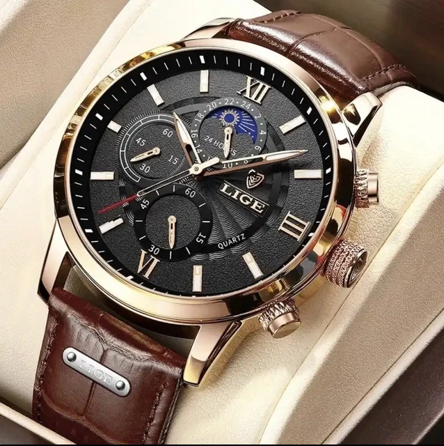 Orologio Cronografo Uomo Classico Luxury Lige Quarzo 43Mm Pelle Gold Black Nuovo