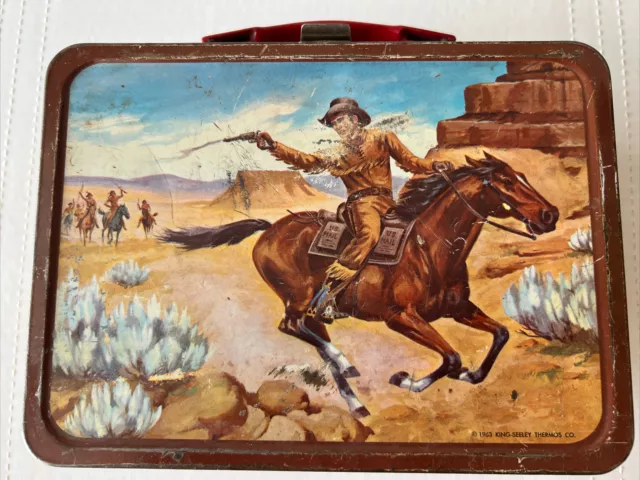King-Seeley 1963 Metal  Lunchbox w/ Handle  Pony  Express Stagecoach- no thermos