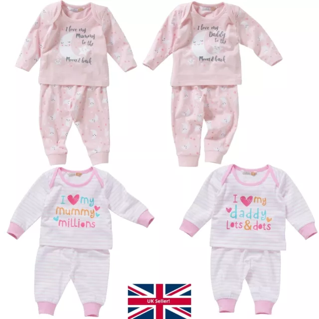 Baby Girls I Love My Mummy Daddy Pyjamas Long Sleeve Cotton 0-9mths Lullaby Pink