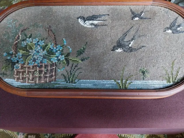 Antique Poss Victorian Beaded Wooden  Tray Swallow And Flowers Design