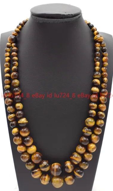 2 Rows 6-14mm Natural Yellow Tiger's Eye Gemstone Round Beads Necklace 18-20''