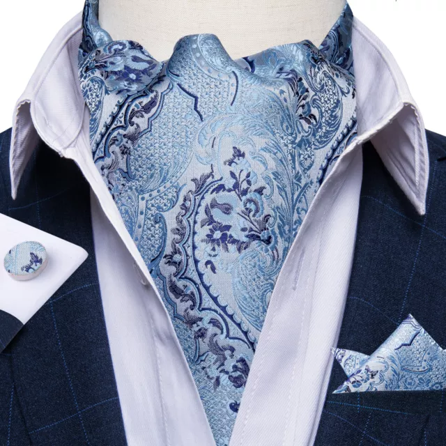 Mens Silk Ascot Cravat Tie Blue Paisley Floral Check Hanky Cufflinks Set Wedding