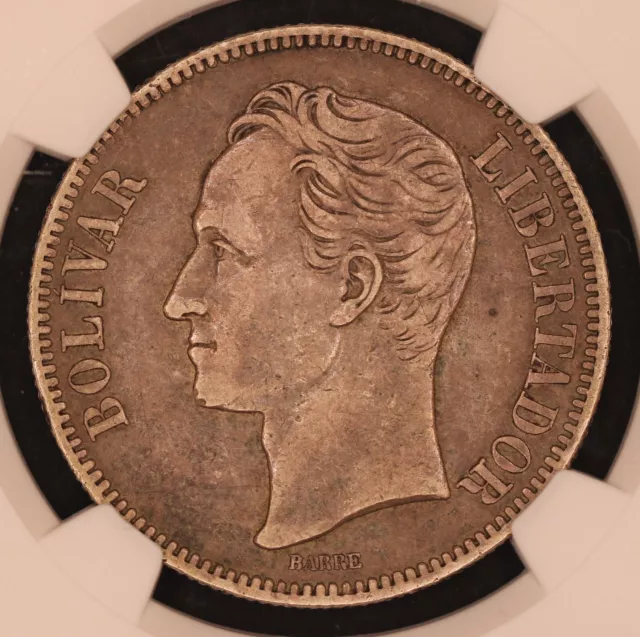 Venezuela 5 Bolivares 1879 Ngc Xf40 Early Date Silver Very Rare No Reserve