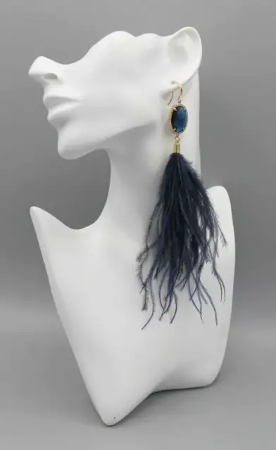 Natural ostrich feather dark blue elegant long large drop dangle earrings