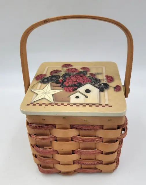 Woven Basket with Moveable Handle Hinged Lid with Country Cottage Design 4”