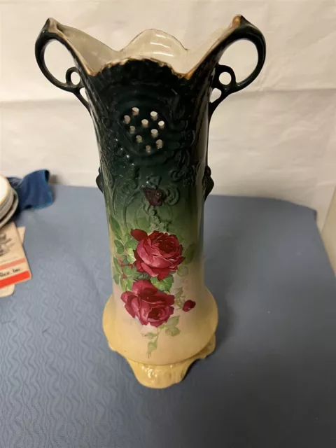 Lovely Green Wheeling Pottery Co La Belle China Vase Red Roses 13" Tall 3