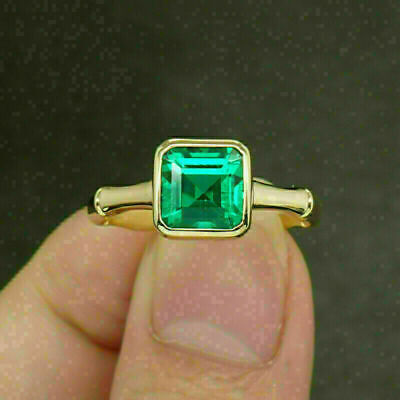 Green Emerald 2.90Ct Asscher Cut Women Solitaire Ring With 14K Yellow Gold Over