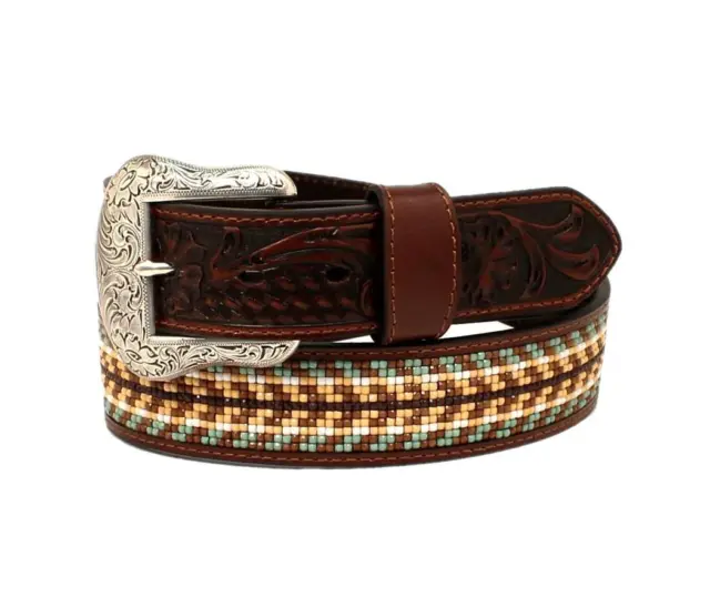 Nocona Western Mens Belt Leather Beaded Inlay Floral Brown