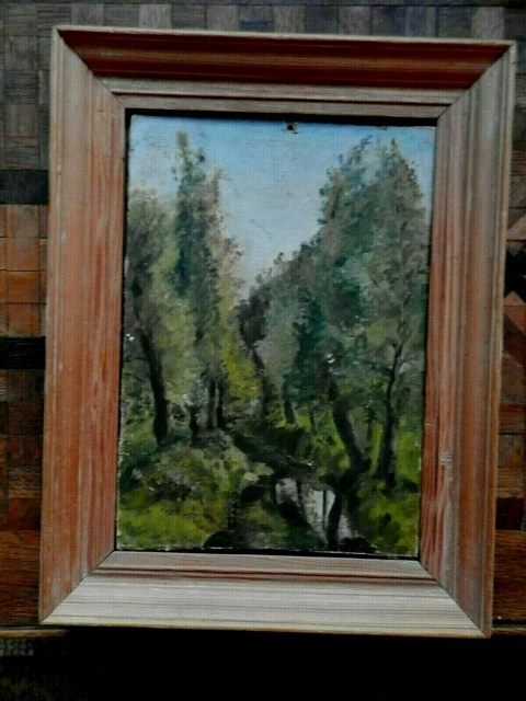 tableau ancien huile paysage de sous bois et rivière début 20° signé