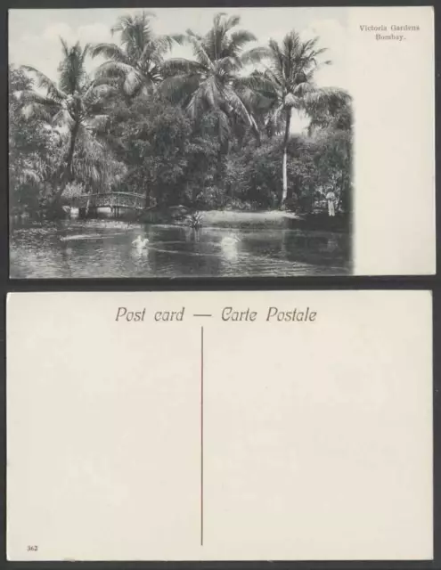 India Old Postcard VICTORIA GARDENS BOMBAY Bridge Pelican Bird Palm Trees & Lake