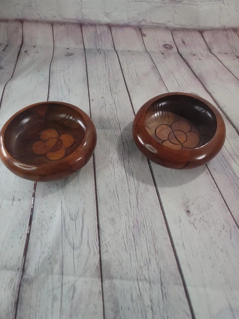 Hand Carved Wood Teak Dark Brown Serving Bowls Wooden Vintage
