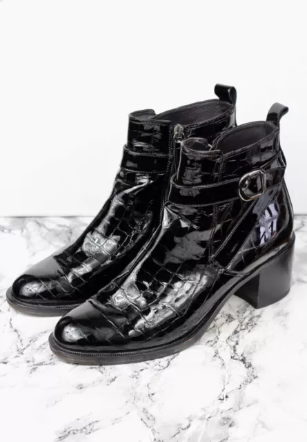 Russell & Bromley Noir Imprimé Croco Cuir Bottines, Pointure Eu 40 /UK 7