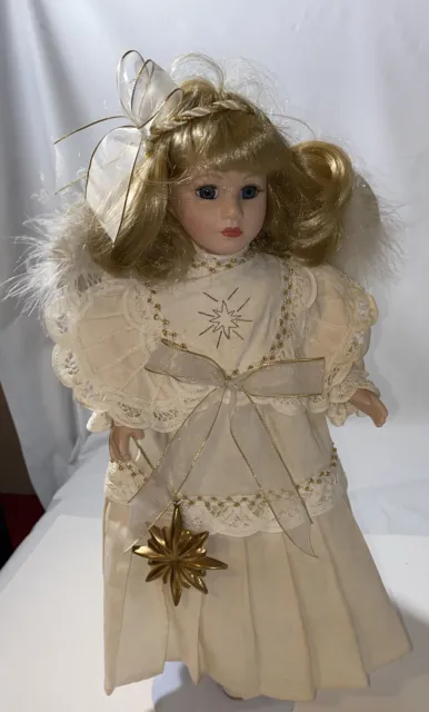 The Brass Key 16" Blonde Girl Doll Angel, White/Gold Dress w Stars. Fluffy Wings