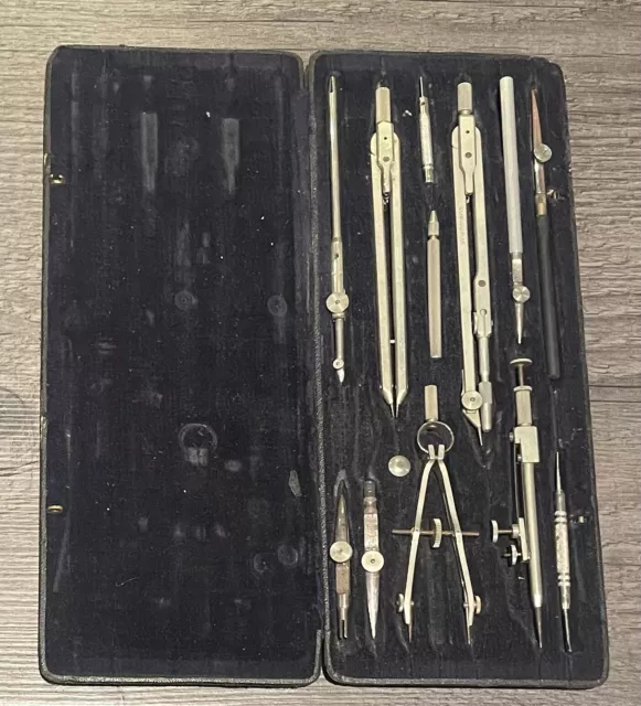 Vintage  Drawing Set In Case Compass Protractor Measuring Tools - Franz Kuhlman