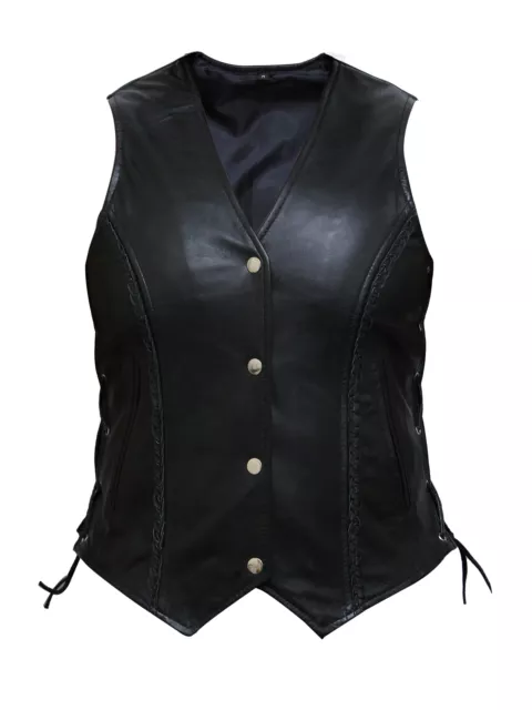 Nuovo Motociclista pelle Morbida Gilet da Donna Nero Super Morbido