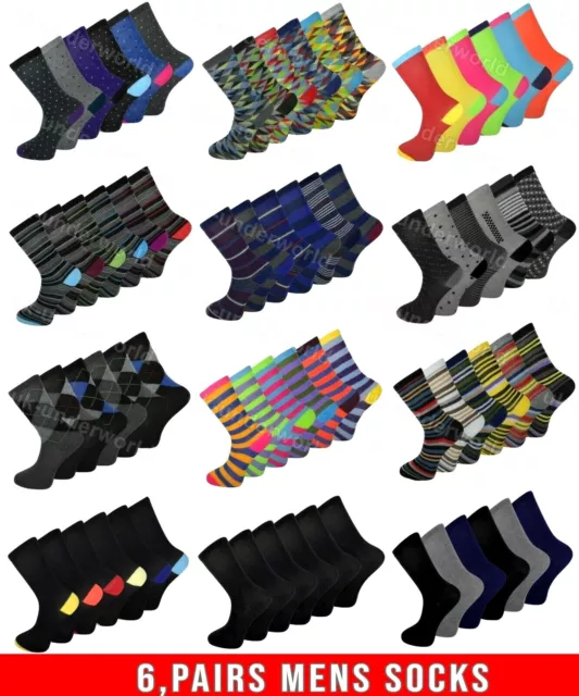 Mens Adults Socks Coloured Design 6 Pairs Smart Suit Work Golf Cotton Blend 6-11
