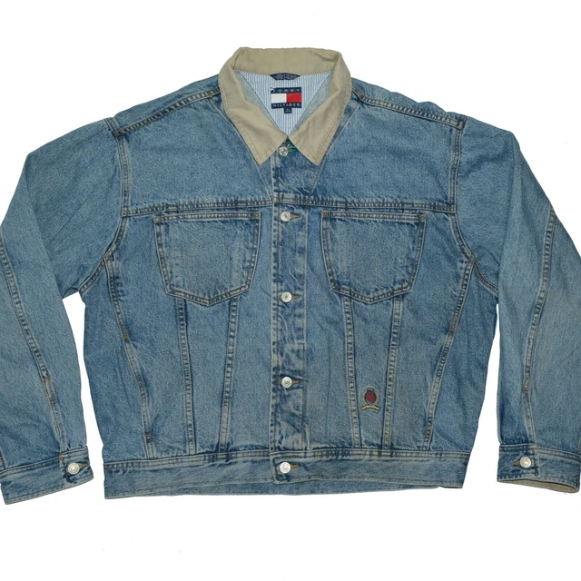 Vintage 90s Tommy Hilfiger Denim Jean Jacket Mens XL Big Flag Stone Wash Hip Hop