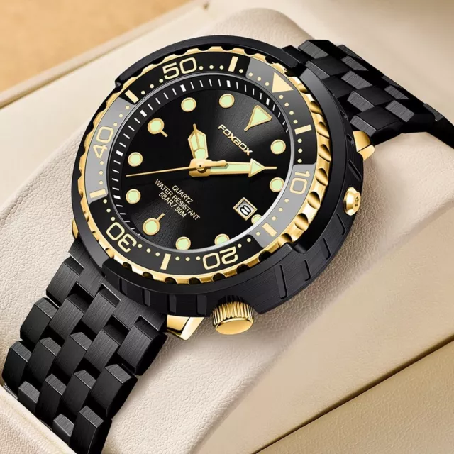 Men Luxury Watch Stainless Steel Tuna Heavy Quartz watch 5ATM Black Gold UK STCK