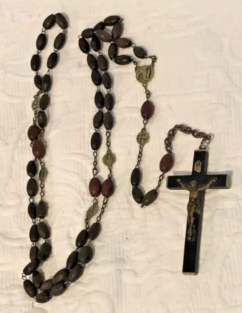 Antique Rosary Beads w 2.75" Crucifix Ebony & Brown Large Beads Brass Jesus 31"