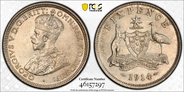 1914 Australia 6 Pence Sixpence PCGS MS62 Lot#G4112 Silver! Nice UNC!