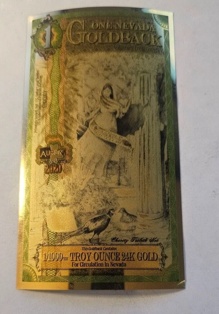 Goldback 1 Nevada 999 24KT 1/1000th Oz Gold-Foil Note Currency Gold Back Bullion