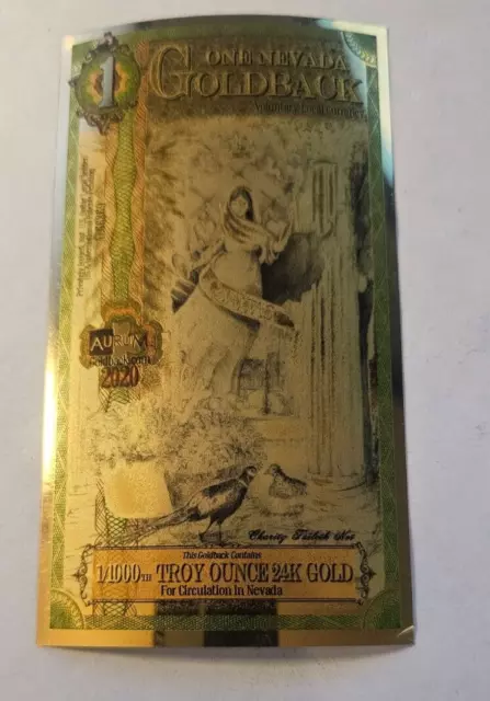 Goldback 1 Nevada 999 24KT 1/1000th Oz Gold Foil Note Currency Gold Back Bullion