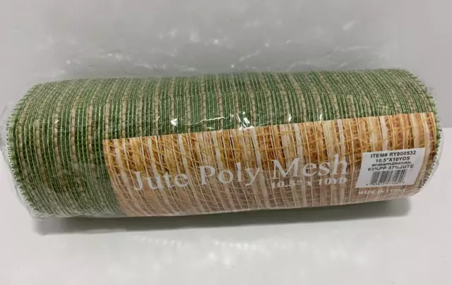 Poly Jute Burlap Deco Mesh, 10.5 Inches x 10 Yards Green Natural Stripe