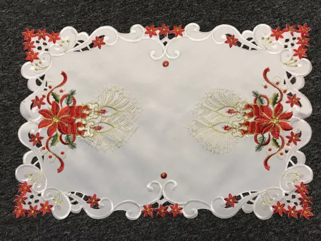 Christmas Holiday Red Poinsettia Embroidery Cutwork Table Placemat Runner White