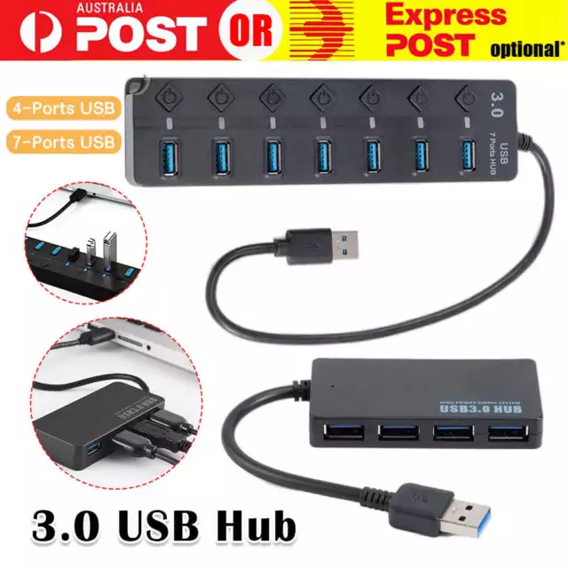 PC/AC Cable Adapter 4/7 Ports USB 3.0 HUB Powered +High Speed Splitter Extender