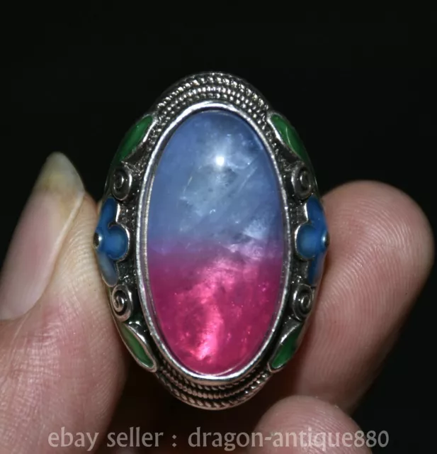 1.6" Old Chinese Silver inlay two tone gem flower jewelry ornament Ring Rings