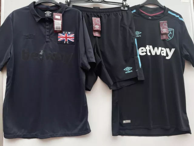 2017/18 West Ham United Away Jersey, Shorts & TIW Polo Shirt Men's Size L Bnwt