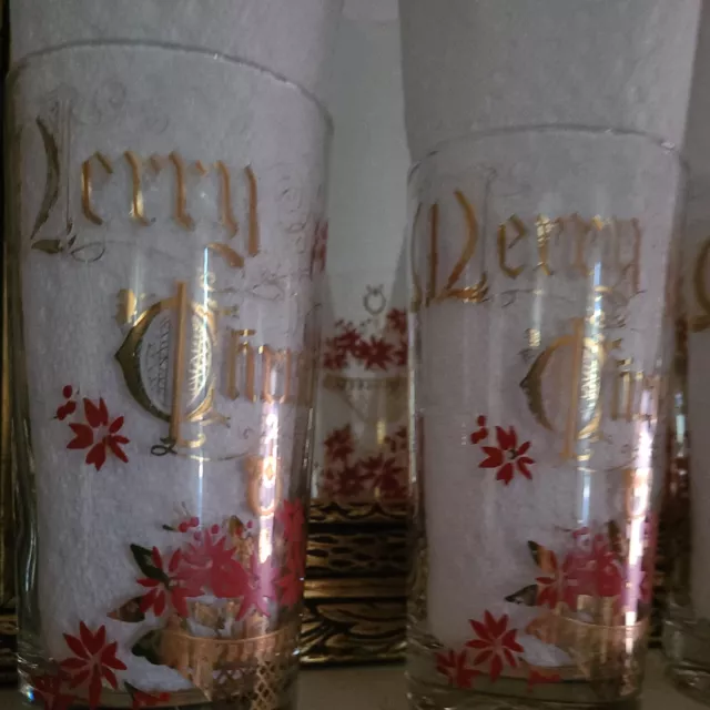 VTG Set Of 5Beaver Valley Merry Christmas Poinsettia Glass Tumbler Mid Century