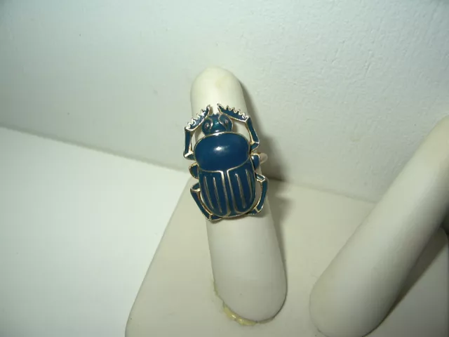 Vintage Goldtone & Blue Enamel Scarab Beetle Ring - Size 5 1/2