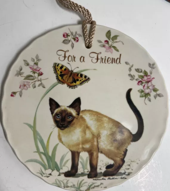 Vintage Ceramic? plate "For a Friend" with flowers, Siamese cat & Butterfly,Rope