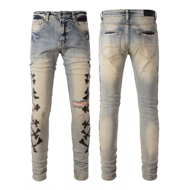 Mens Punk Ripped Cross-bones PU Patchwork Sanding Skinny fit Stretch Denim Jeans