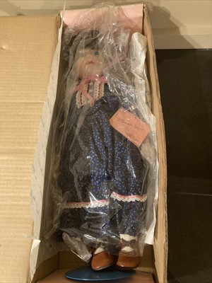 Marian Yu Porcelain Doll 1988 Number 341 Blue polka Dot Dress With Pink Ribbon
