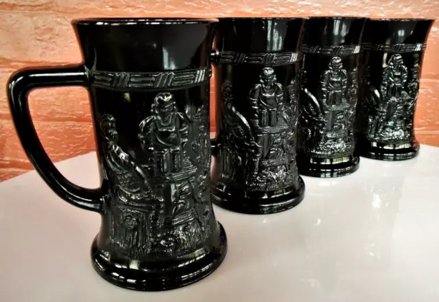 Tiara Indiana Glass 4 Opaque Black German 12 ounce Beer Steins Mugs