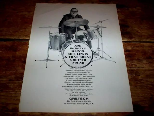 MEL LEWIS (GRETSCH DRUMS ) 1962 Vintage U.S. Jazz magazine PROMO Ad NM-