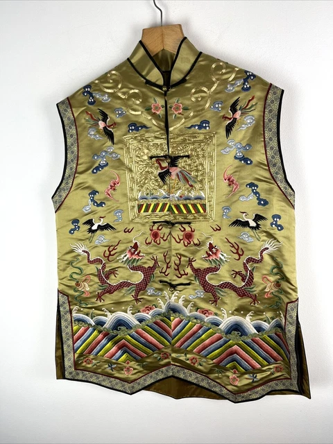 VTG CHINESE Embroidered Silky Lined Dragons Gold Vest one size see measurements