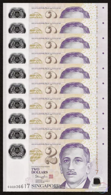 SINGAPORE 2 Dollars X 10 PCS w/2 Hollow Star 2017 P-46 Polymer UNC Uncirculated