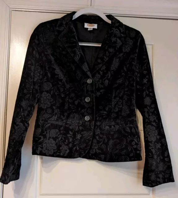 Talbots Womens Blazer Jacket  Cotton Black Velvet Floral Size 10