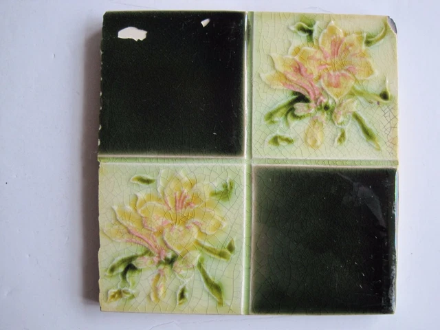 Antique Art Nouveau Pilkingtons Wall Tile - Quartered Plain And Floral Design