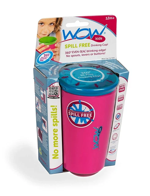Wow! Taza para niños 360 taza de beber sin derrame 8 oz. Rosa con tapa azul