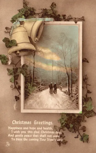 Vintage Tuck Artist Postcard.rural Winter Scene & Bells.christmas Greetings.