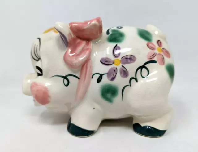 VTG Hand Painted Ceramic Girl Bow Pig Floral Smash Coin Piggy Bank Japan KP21