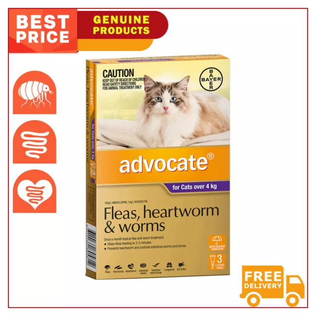 ADVOCATE for Flea Heartworm and Worm Treatment 3 Pipettes Over 4 Kg Cats PURPLE