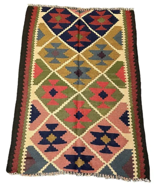 Handmade Vintage Wool Rug Turkish Kilim Tribal Design Multicolor 3' x 4'4